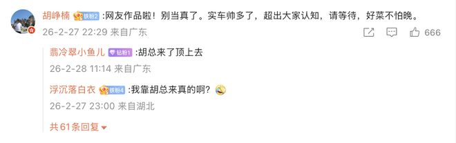 ▲胡峥楠回复称实车更帅