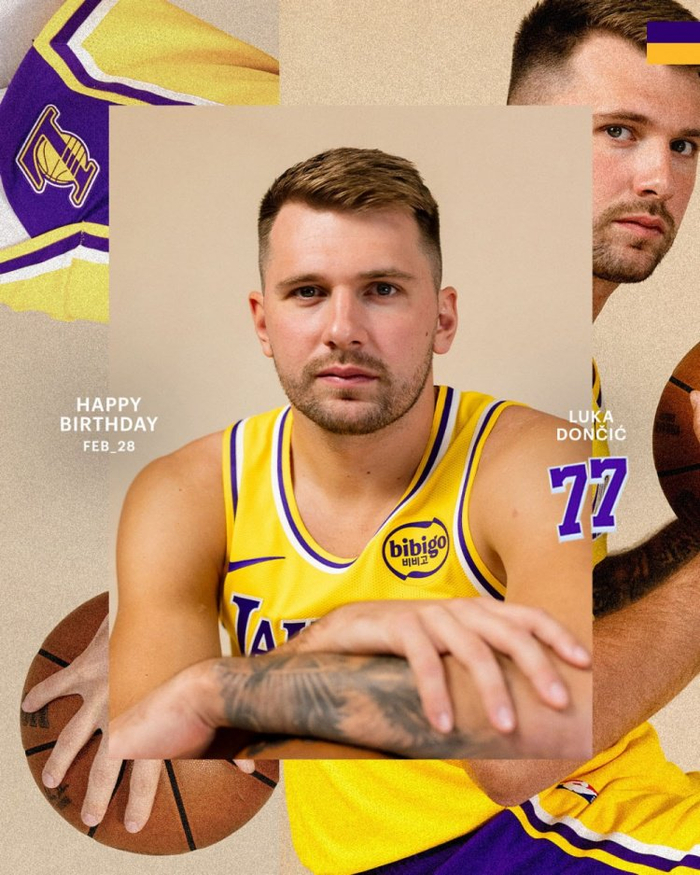 直播吧2月28日讯 今天是湖人球星东契奇的27岁生日，湖人官方发布生日海报，祝东契奇27岁生日快乐。