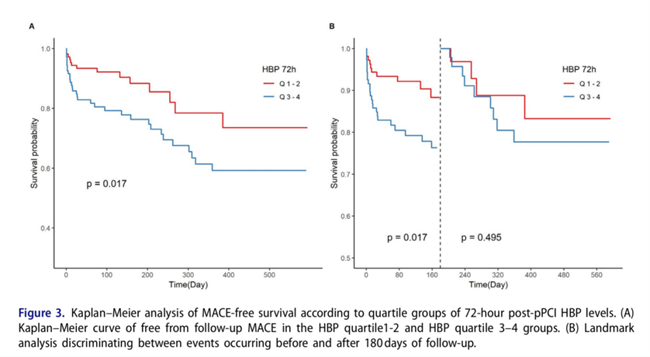 图3.基于 pPCI 术后 72 h HBP 四分位分组的无 MACE 生存 Kaplan–Meier 分析