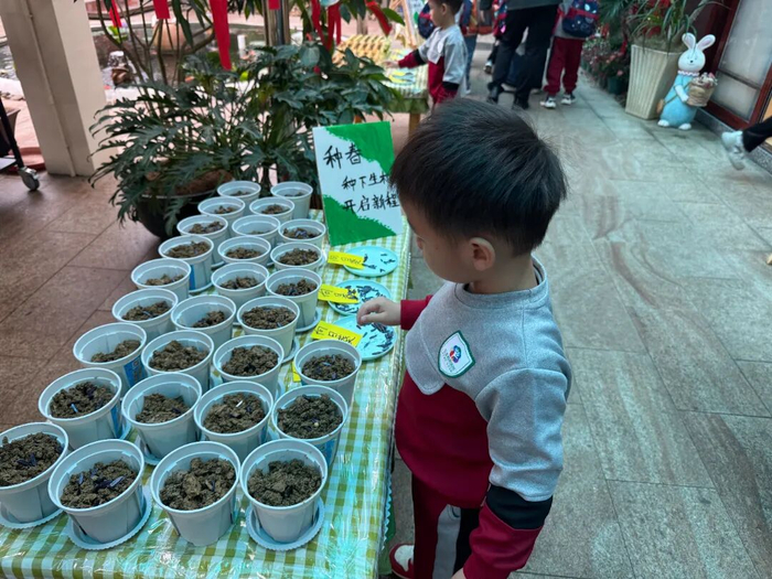 △在四会市凤凰半岛幼儿园，小朋友拿着种子，播撒春天的希望。谢斯美 摄
