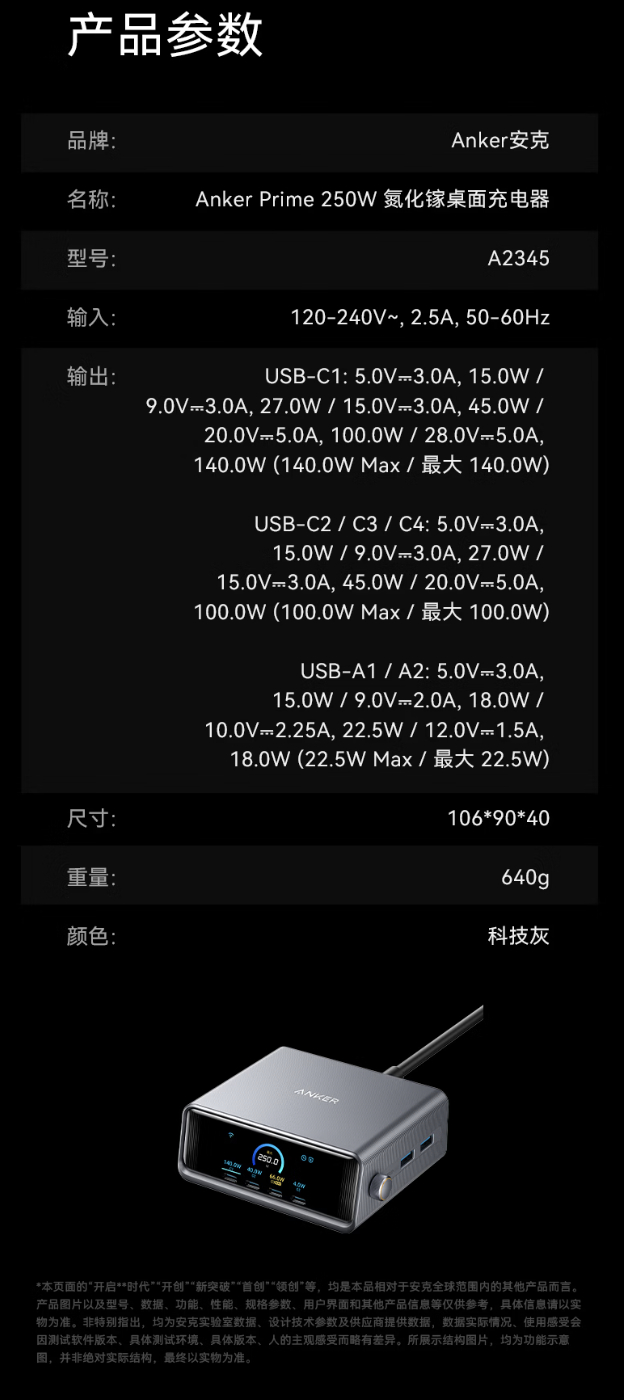 安克 250W 桌面充 Pro+ 产品参数