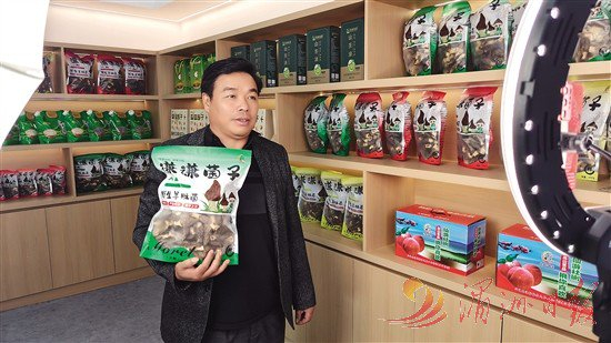 　　图为陈贤广通过直播销售羊肚菌产品。