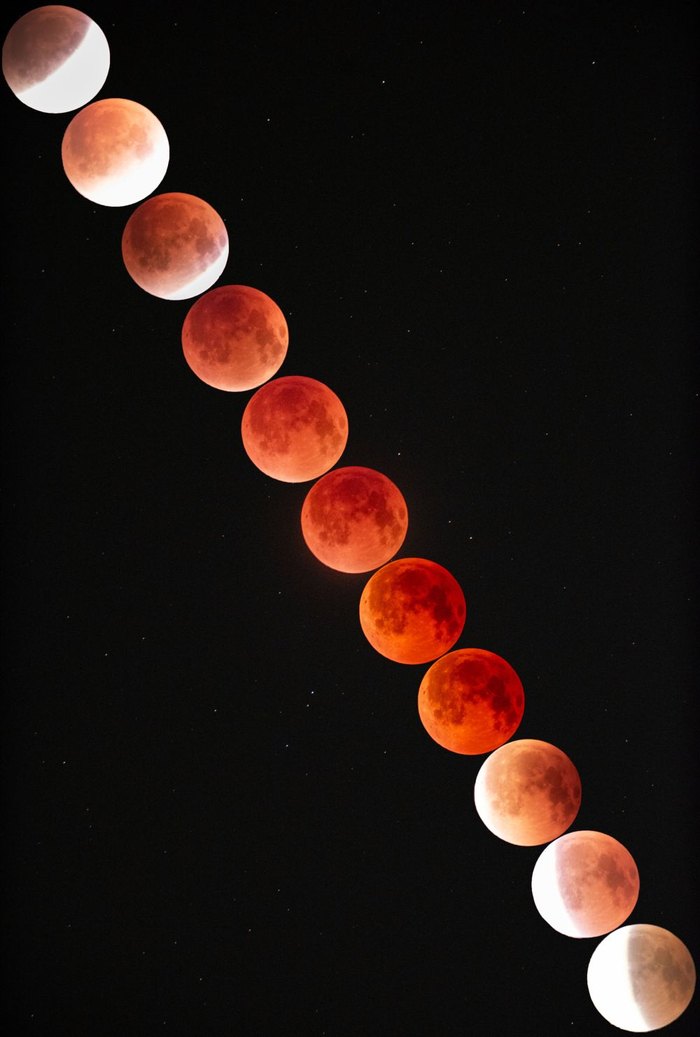 2025年9月7日夜晚至8日凌晨，在北京丰台拍摄的“红月亮”（多张叠加）。新华社发（王磊 摄）