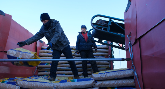 呼伦贝尔市中农种业有限公司工人抢抓春耕备耕，有序装卸优质种子。摄影 郑明