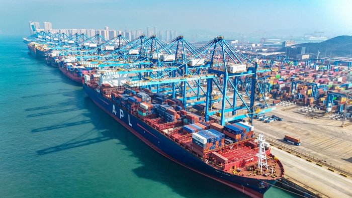 2月4日，集装箱货轮在山东港口青岛港全自动化码头装卸货物 张进刚 摄