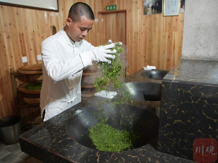 3月4日，将军镇清凉村，从茶园采回鲜叶后，村民童浩一家忙着制茶。