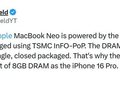 MacBook Neo采用iPhone同款封装工艺：8G内存锁死 扩容梦碎