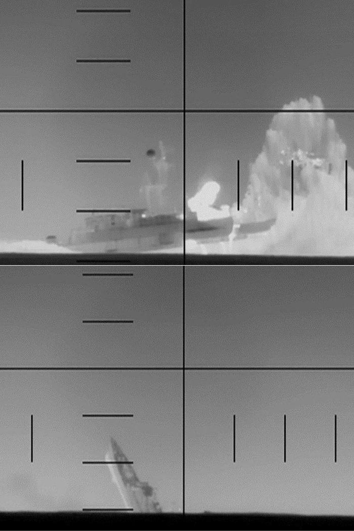 　　▲当地时间2026年3月4日，印度洋斯里兰卡海岸附近，美国国防部提供的视频截图显示，一艘美国潜艇击沉伊朗护卫舰“迪纳”号 图据视觉中国