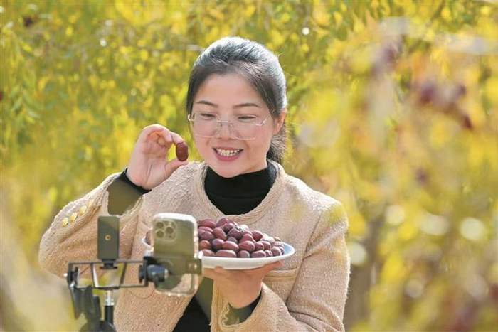     赵闫在直播推销红枣（资料图片）。赵闫  提供