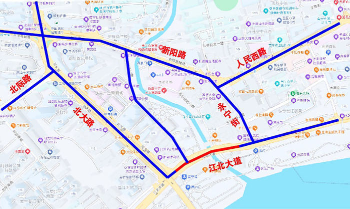     江北大道（永宁街至北大桥底）施工路段示意图，红色部分为封闭施工路段。 （南宁交管部门供图）