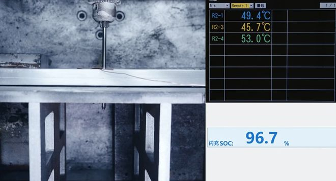 ▲比亚迪第二代刀片电池边闪充针刺