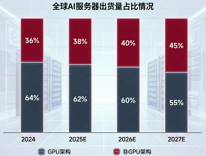 全球AI芯片中GPU架构和非GPU架构比例（数据来源：高盛全球投资研究部）