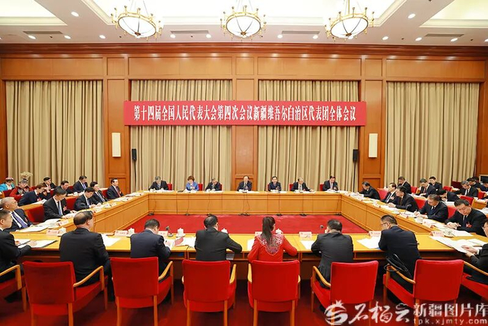 3月5日下午，参加十四届全国人大四次会议的新疆代表团举行全体会议，审议政府工作报告。石榴云/新疆日报记者 崔志坚摄