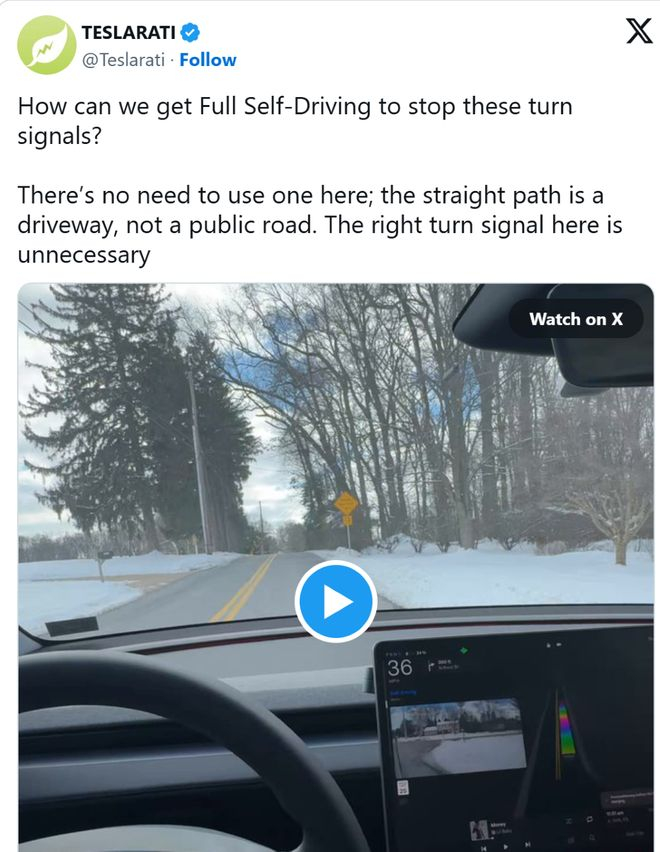 ▲Teslarati发帖称FSD在路过私人车道时误打右转向灯