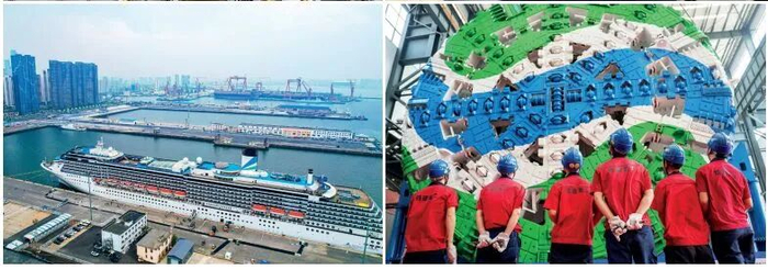 左图：2025年5月27日，“爱达·地中海”号停靠在大连港国际邮轮中心泊位。右图：2025年3月26日，“强基号”掘进机在铁建重工长沙第二产业园下线。本版图/新华