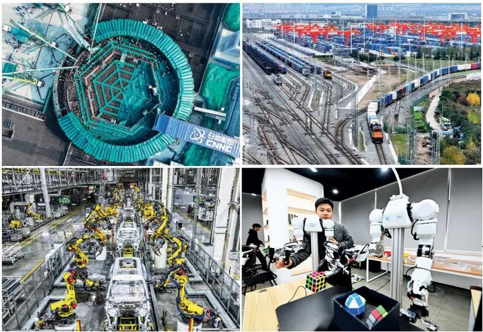 　　上左图：2026年1月16日，江苏徐圩核能供热发电厂1号机组核岛开始混凝土浇筑。这是“十五五”开局之年中国开工建设的首台核电机组。 　　上右图：2025年11月17日，一列中欧班列（西安）列车驶出西安国际港站，驶向阿塞拜疆首都巴库。 　　下左图：2025年9月19日，位于重庆市两江新区的赛力斯汽车超级工厂自动化生产车间。 　　下右图：2026年2月27日，天津滨海高新区的一家科技公司内，工作人员对一款具身机器人进行测试验证。本版图/新华
