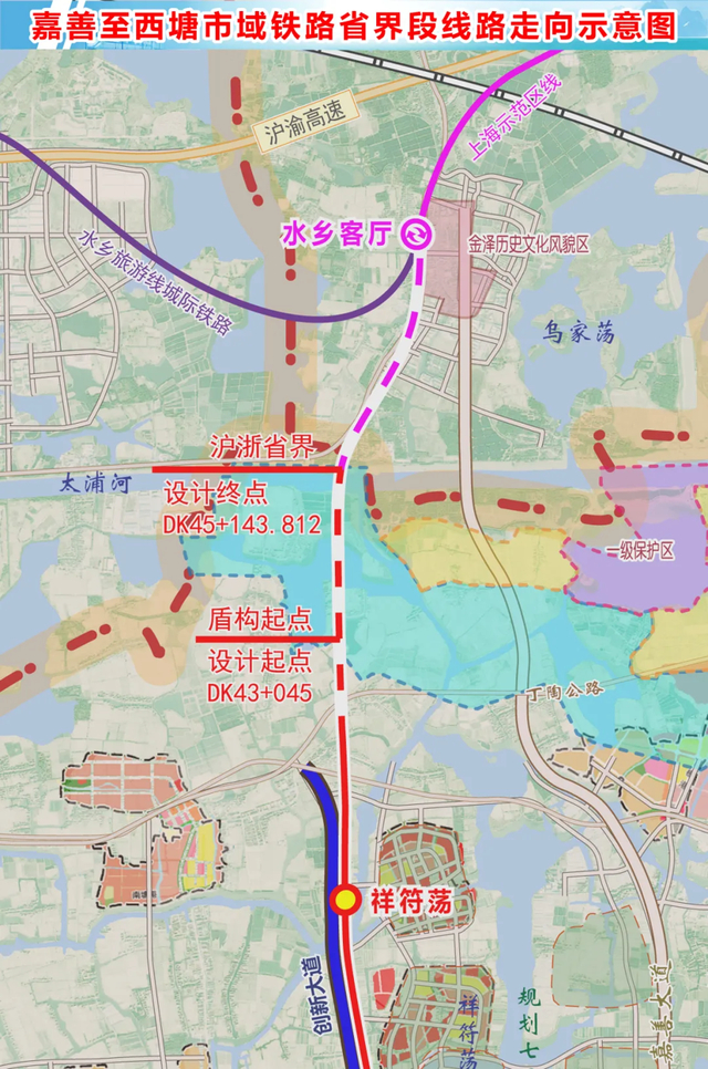 嘉善至西塘市域铁路省界段线路走向示意图