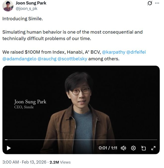 图 | 创始人Joon Sung Park 宣布创立Simile（来源：X）