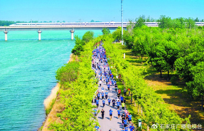 ▲在石家庄市滹沱河艺术生态岛上，1000余名跑步爱好者用矫健的步伐展现健康与活力。记者 董永博 摄