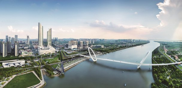 南京市建邺区长江夹江水道上的南京眼步行桥鸟瞰图。 （建邺区委宣传部供图）