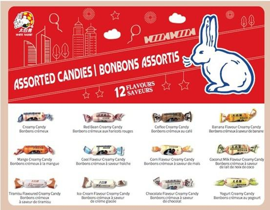不同口味的大白兔奶糖英文与法文介绍 图片来源：上海国资委网站