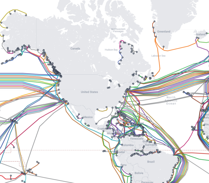 ▲美国海底光缆分布图，图源：TeleGeography