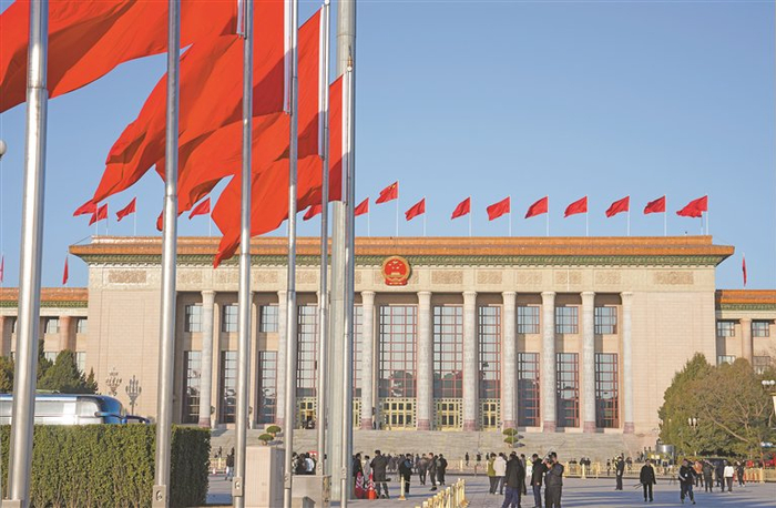 图为3月11日上午，全国政协十四届四次会议在北京人民大会堂举行闭幕会。这是人民大会堂外景。记者 陶玥 摄