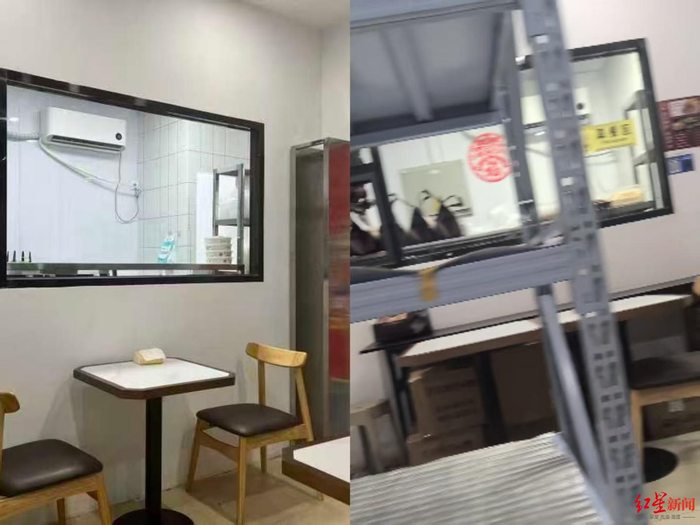 　　▲商家在美团页面上展示的“用餐区”（左）和记者在现场看到的门店“用餐区”桌椅被拼到了一起，旁边摆放着货架（右）（拼接图）