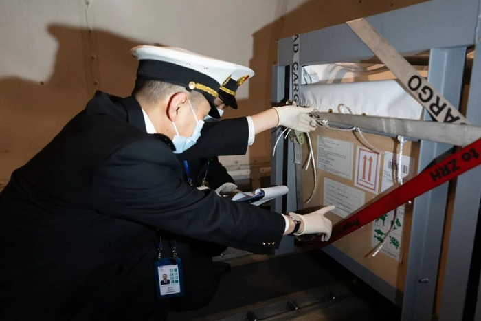 天津滨海机场海关现场查验关员（以下简称“现场关员”）登上货机，对入境瓶鼻海豚的运输单证与箱体标识进行现场核验