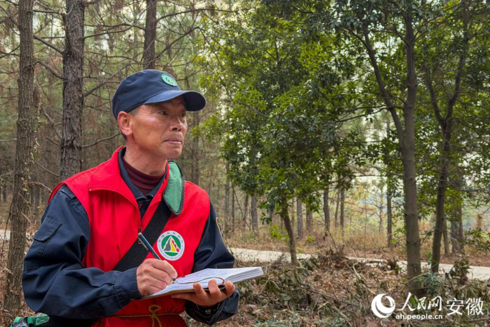 储永刚在记录林间巡查结果。人民网记者 李希蒙摄