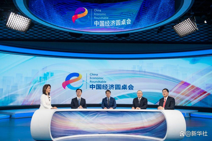 嘉宾在第二十八期“中国经济圆桌会”大型全媒体访谈节目录制现场交流发言。新华社记者 孙瑞博 摄