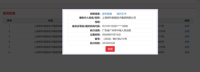 即科集团被执行信息记录。执行信息公开网截图
