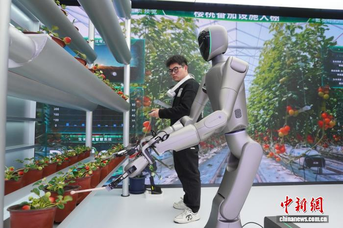 3月15日，河南郑州，工作人员训练人形机器人给植物授粉。当日，河南首家人形机器人4S店在郑州开业。中新社记者 韩章云 摄