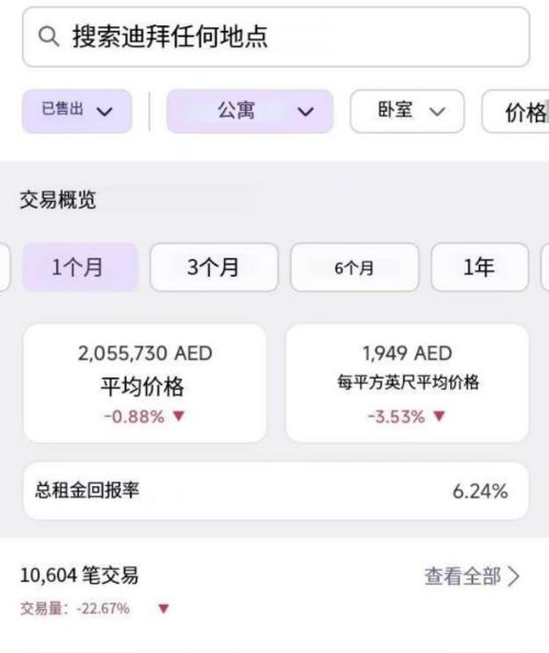 迪拜公寓近一个月成交数据（App截图翻译后）&nbsp;&nbsp;来源：property monitor
