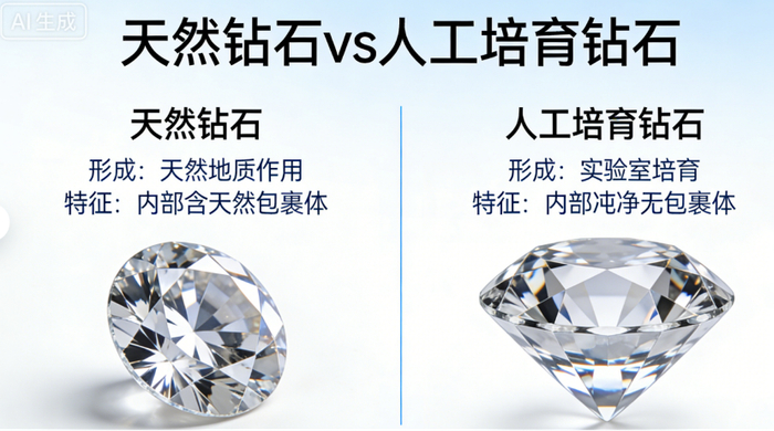 天然钻石与人工培育钻石对比图    图源：AI制作