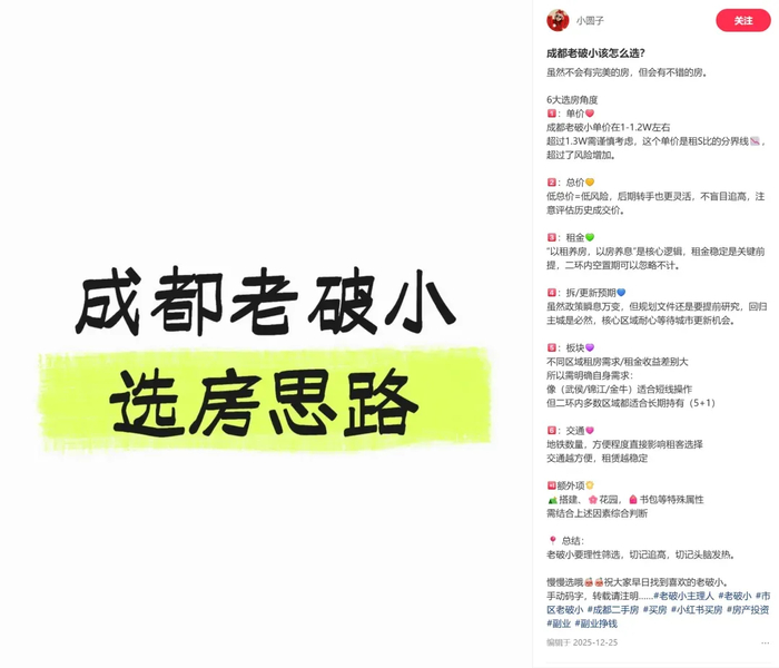 圆子分享自己的选房思路，图源：圆子小红书@小圆子