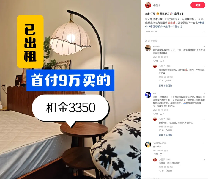 圆子分享自己出租房子的收益，图源：圆子小红书@小圆子