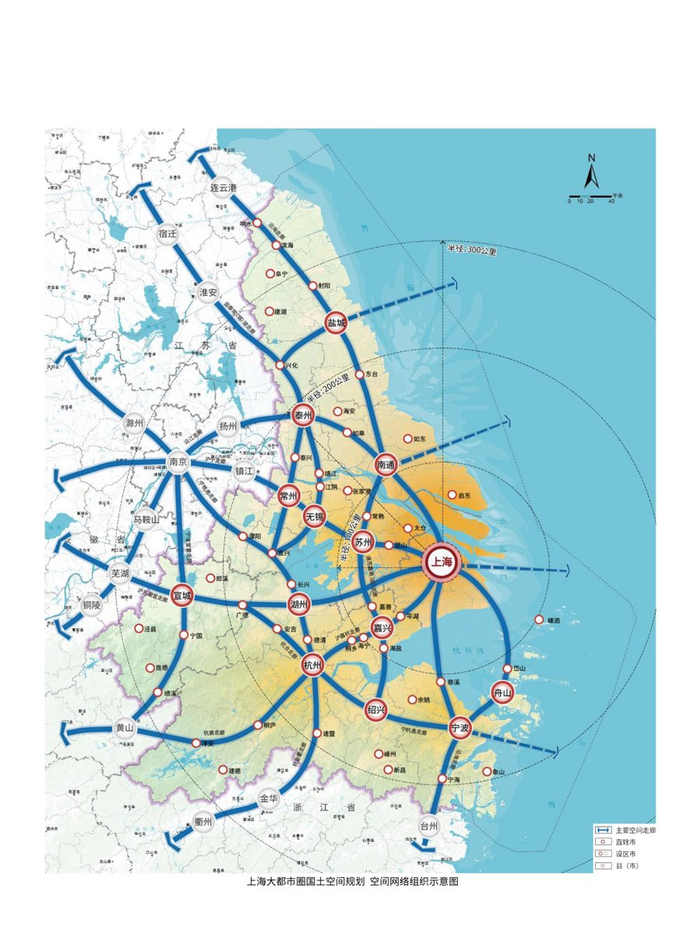 上海大都市圈国土空间规划中的空间网络组织示意图。