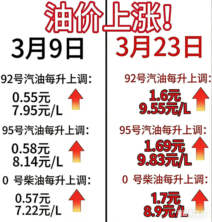 以北京、上海为例，当前92号汽油已逼近7.6元/升，本轮调整后95号汽油将突破9.80元/升，部分地区甚至可能触及10元关口。若叠加3月9日已执行的0.55-0.61元/升涨幅，两个月内总涨幅将高达2.33元/升，车主加满一箱50升油箱需多掏超120元！调价日期为：3月23日24时！（当前预测仅供参考，实际涨跌幅请以当天傍晚发改公布为准）