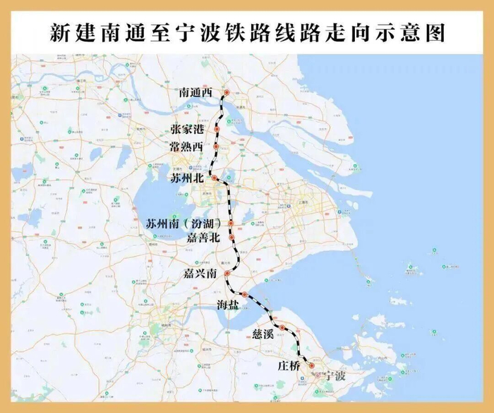 新建南通至宁波铁路线路走向示意图。图源：上海铁路局