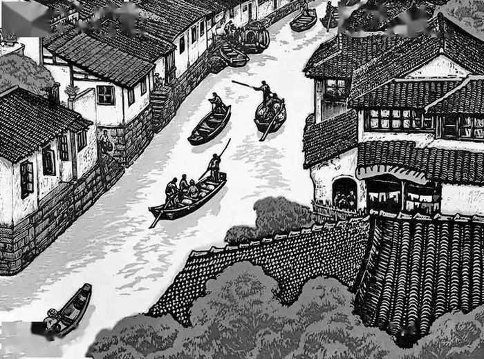 小镇水街（版画） 陆放