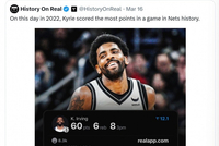 欧文转发自己60分创篮网队史纪录报道：我应该去得到85分哈哈