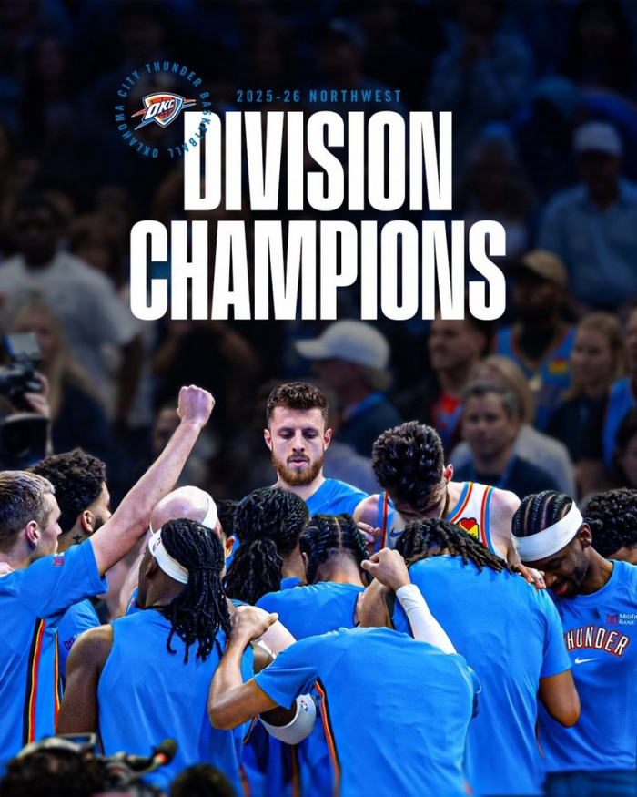 直播吧3月20日讯 雷霆官方发布海报，确认了球队提前12场锁定西北赛区冠军。