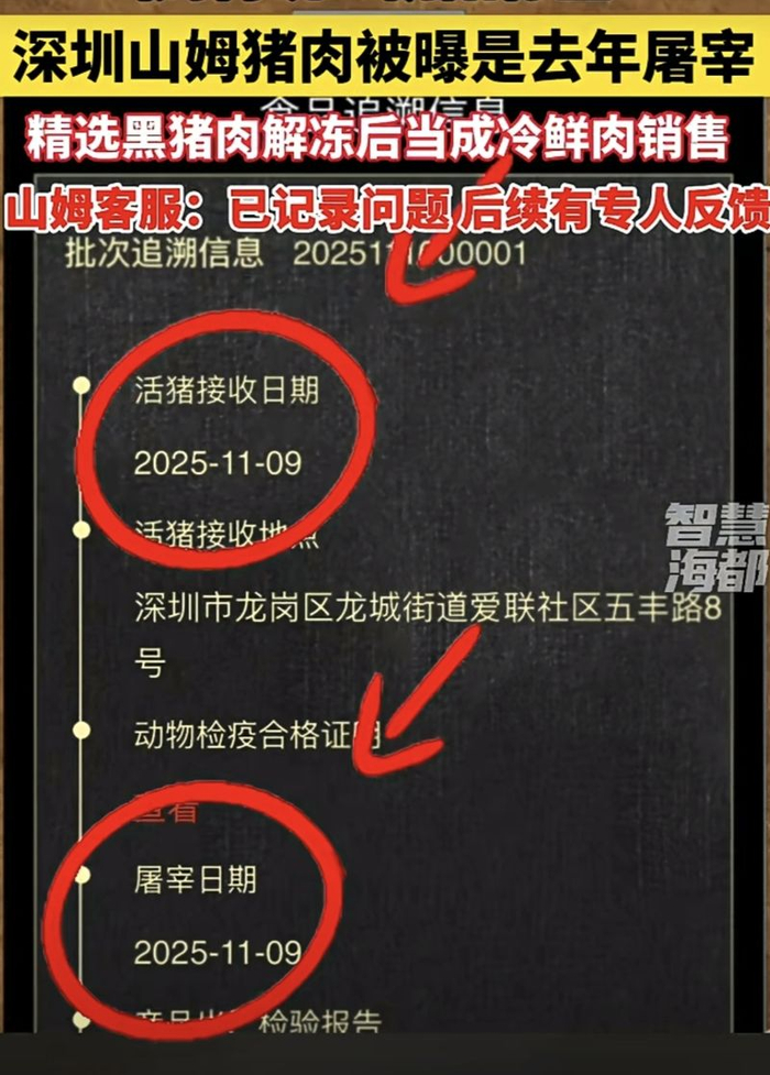 ▲深圳山姆会员商店（前海店）黑猪瘦肉扫码日期显示为2025年11月9日，引发关注。 图/海峡都市报视频截图