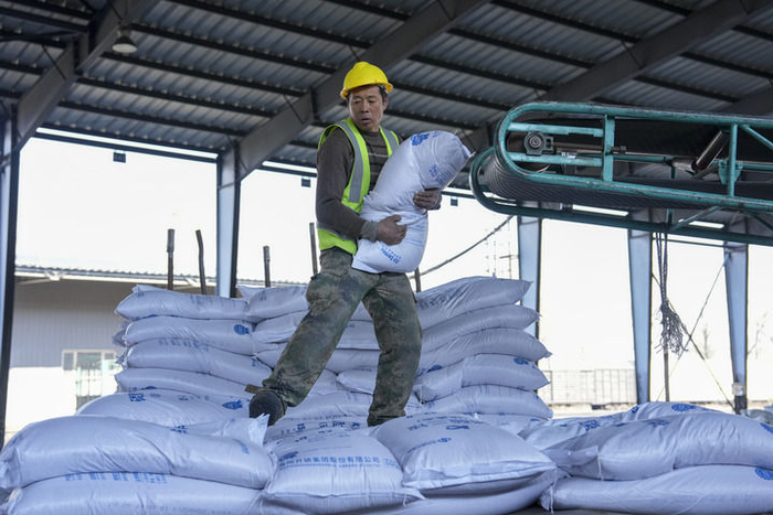 2026年3月17日，工人在位于黑龙江省绥化市的哈尔滨铁路物流中心绥化营业部农资装卸作业现场卸化肥。新华社记者 王松 摄