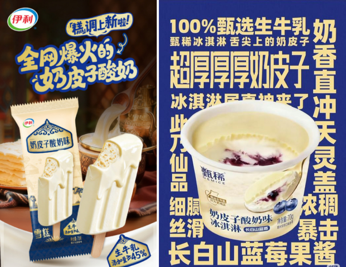 伊利奶皮子酸奶味雪糕（左）、奶皮子酸奶味冰淇淋（右） 图源：社交平台