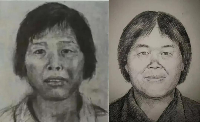 ▲2017年，广州增城警方公布“梅姨”画像（左）。2019年，山东模拟画像专家林宇辉再次为“梅姨”画像（右）。