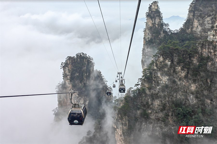 张家界国家森林公园天子山索道区域云雾缭绕