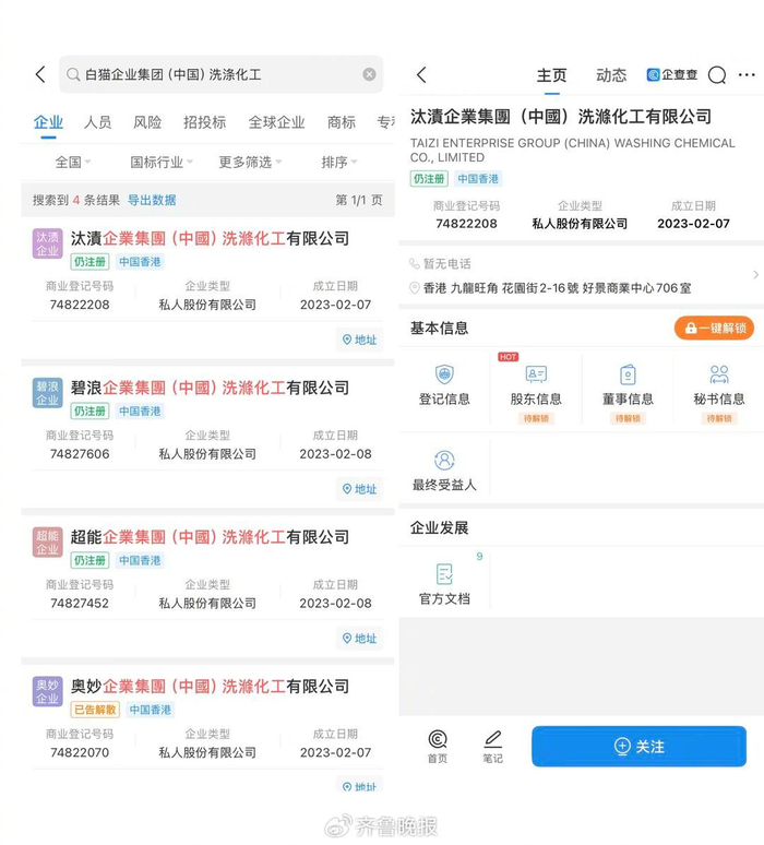 与假白猫洗衣液注册公司名称相似的四家在港注册的“幽灵公司”