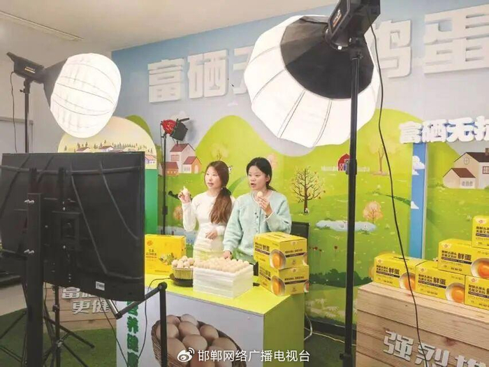 主播们在曲周县“一品一播”直播基地进行鸡蛋销售。（图片来源于微观曲周）
